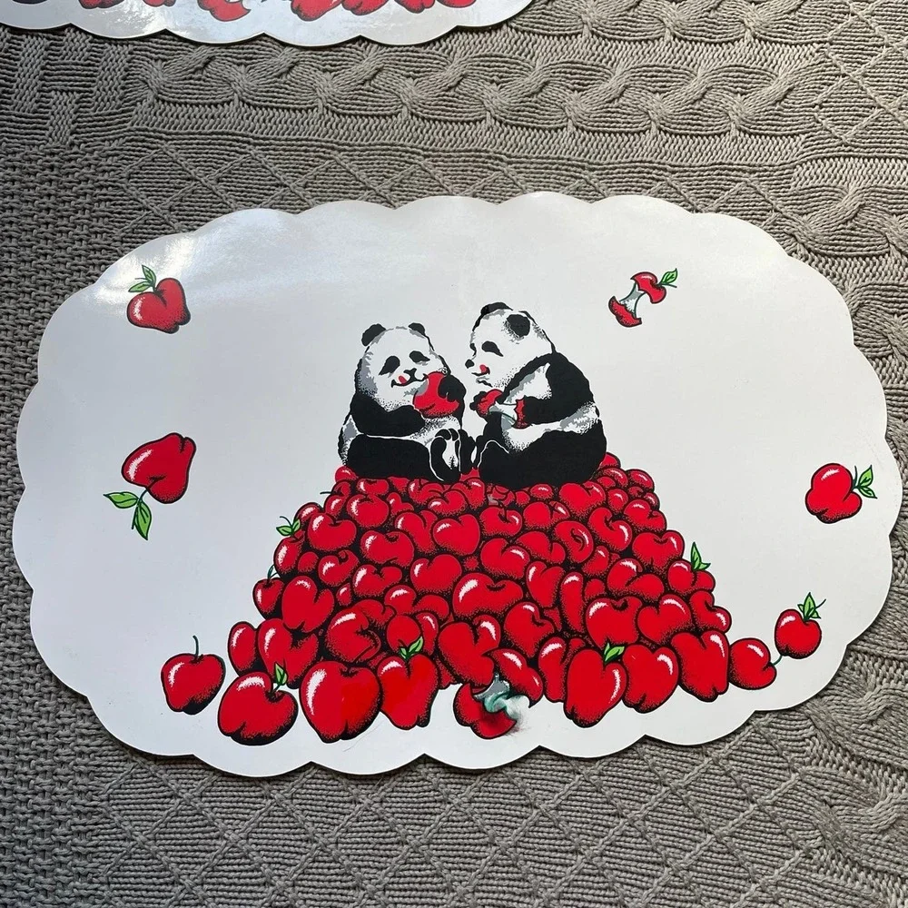 Vintage 70s Funky Panda & Apples Scalloped Vinyl Placemats